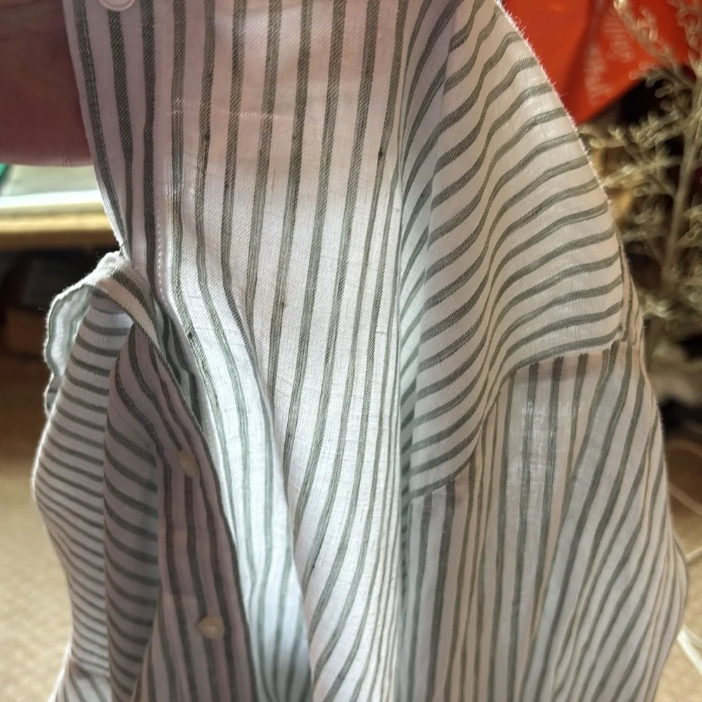 H&M Linen Green & White Striped Button-Up Women's Top XL - Picture 8 of 13